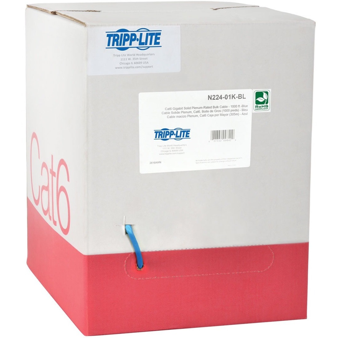 N224-01K-BL Cat6 Gigabit Bulk Solid-Core Plenum-Rated CMP Cable, Blue, 1000 ft.