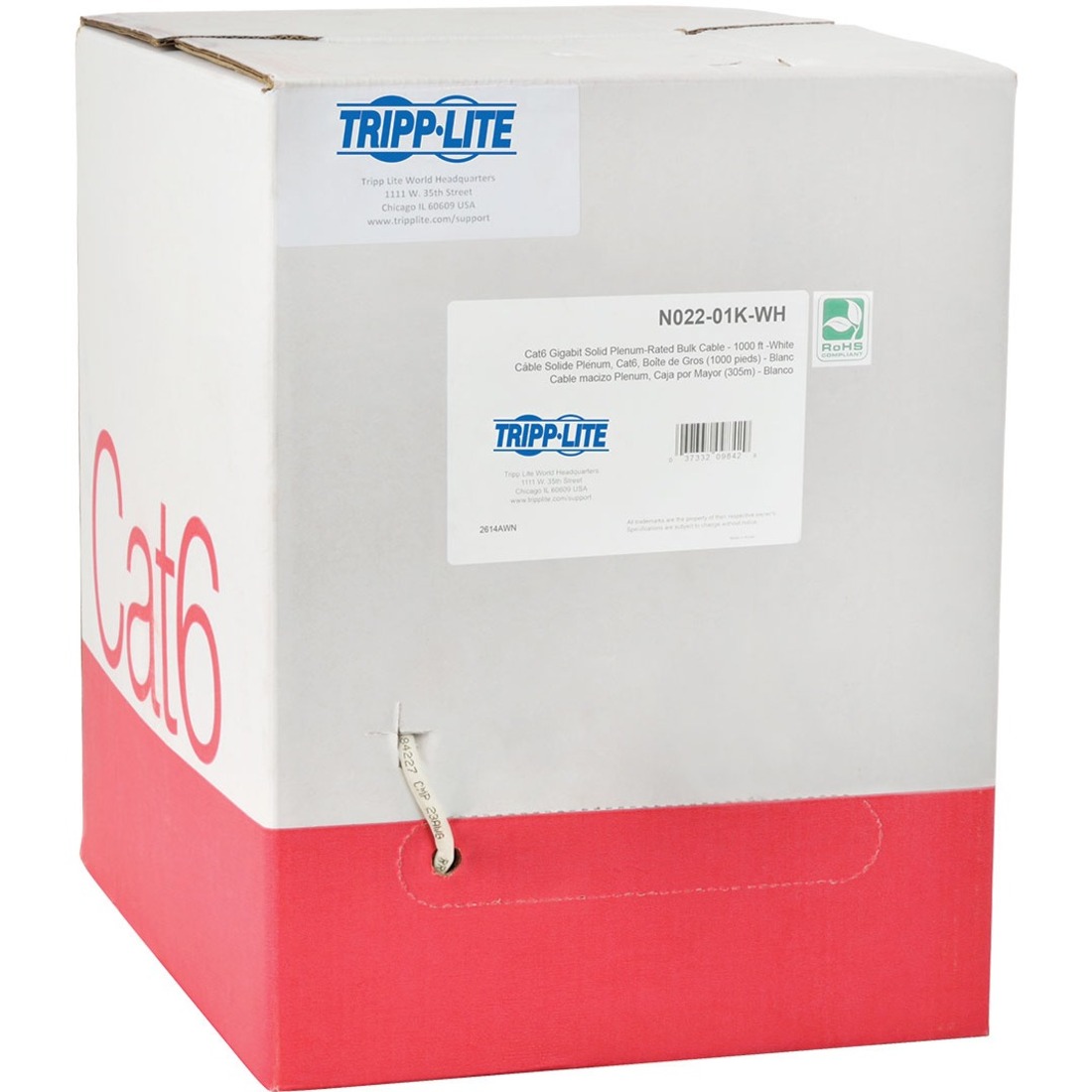 Cat6 Gigabit Bulk Solid-Core Plenum-Rated PVC Cable, White, 1000 ft