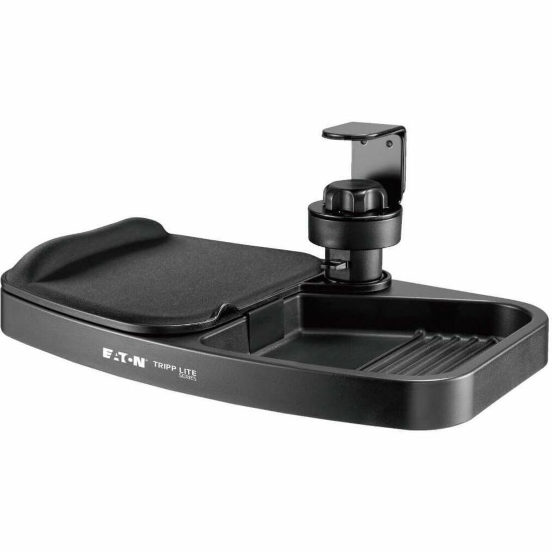 Under-Desk Clamp-On Storage Tray with Built-In Mouse Pad and Wrist Rest
