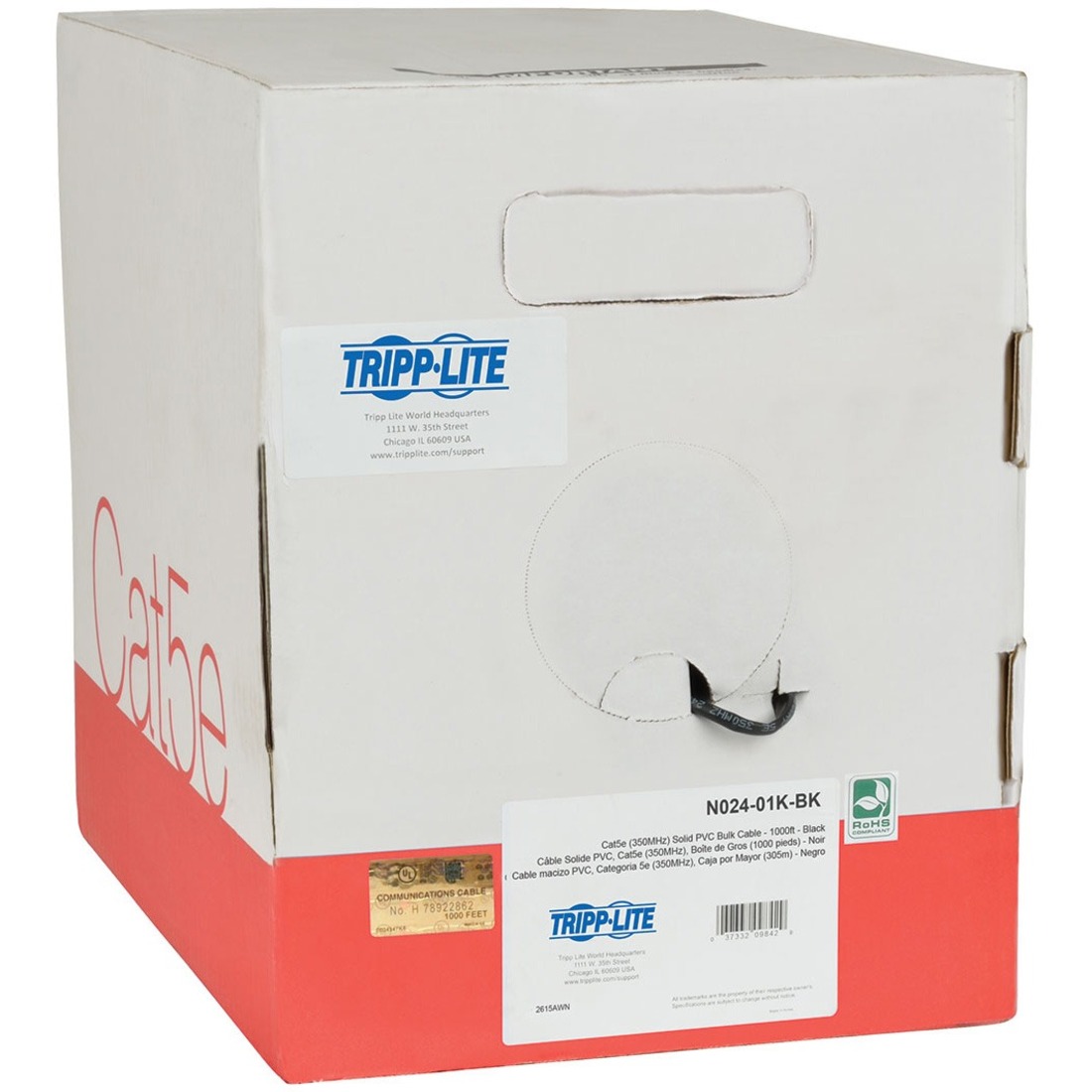 Cat5e 350 MHz Bulk Solid-Core Plenum-Rated PVC Cable, Black, 1000 ft