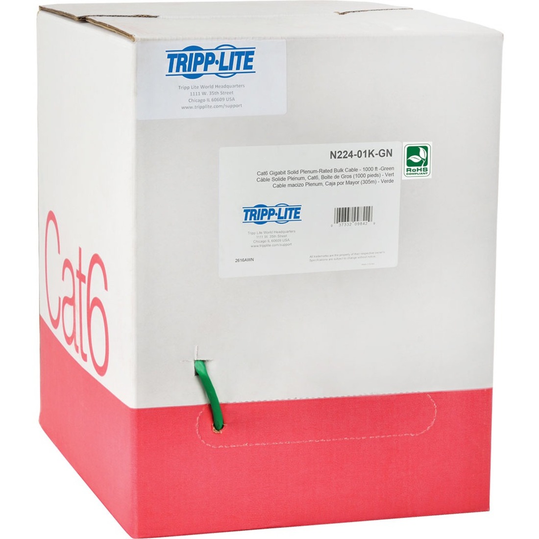 Cat6 Gigabit Bulk Solid-Core Plenum-Rated PVC Cable, Green, 1000 ft