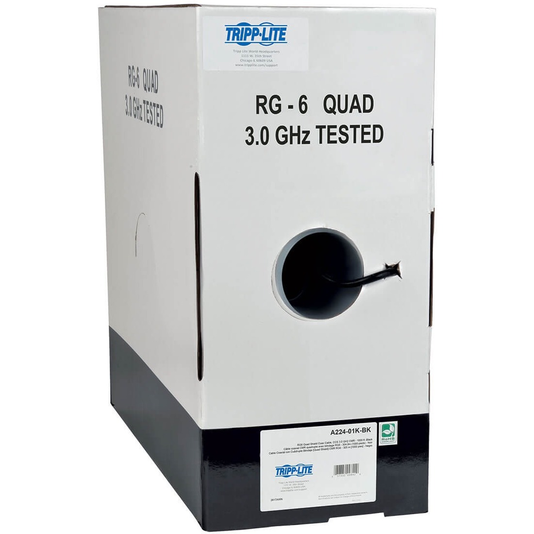 RG6/U Quad-Shield CMR-Rated Coaxial Cable, Black, 1000 ft