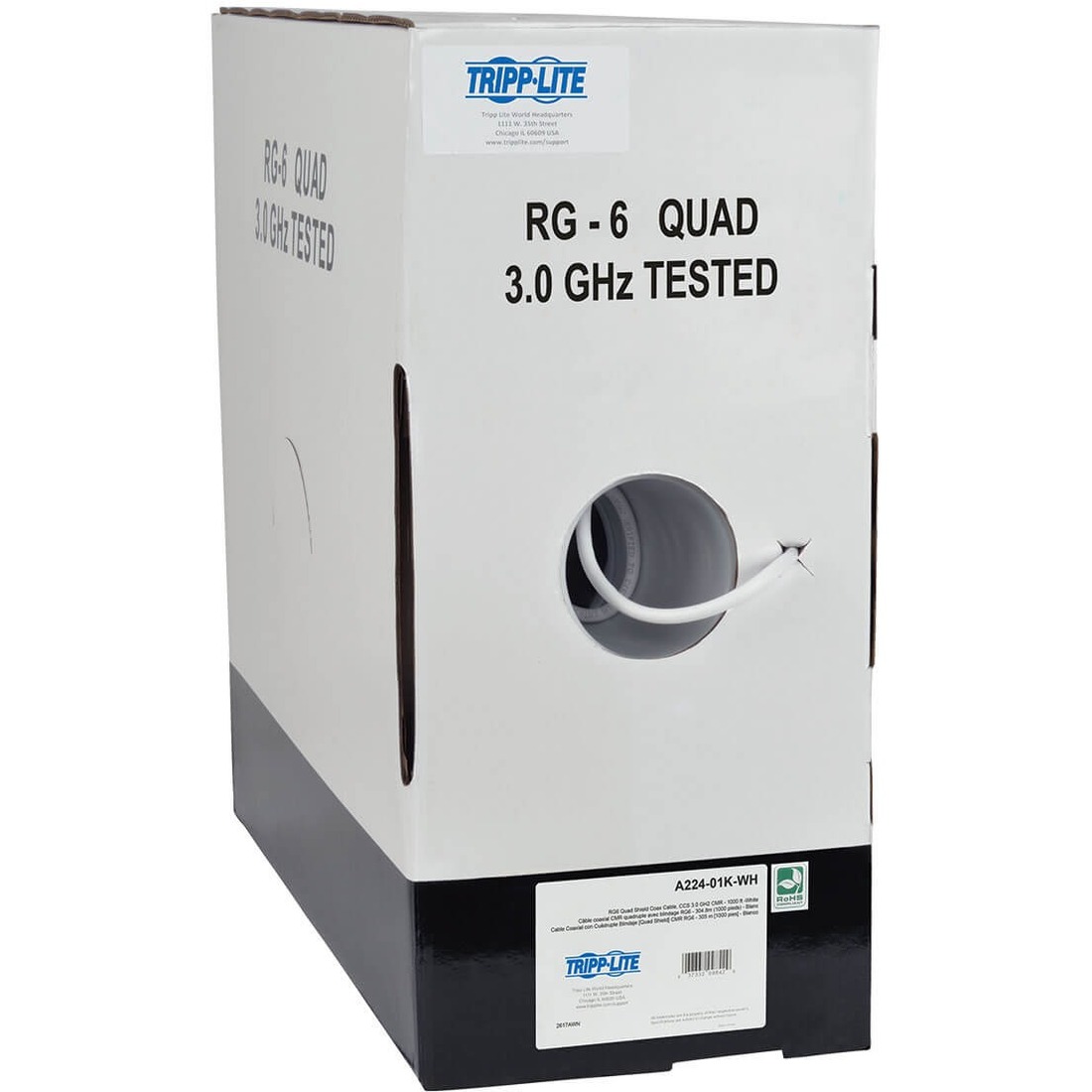 RG6/U Quad-Shield CMR-Rated Coaxial Cable, White, 1000 ft